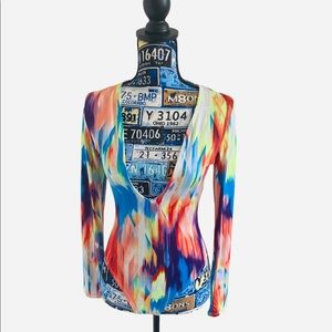 Fashion Nova Long-sleeved deep V-neck multicolored bodysuit.